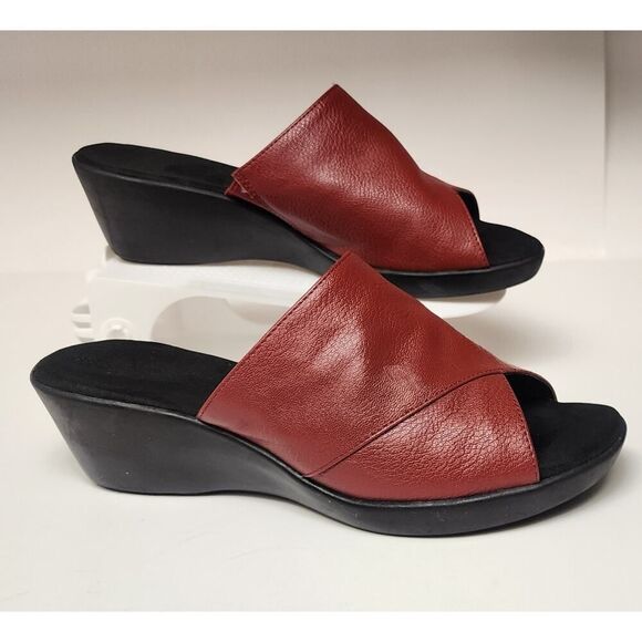 Aerosoles Women's Faux Leather Wedge Sandals Slip On Slides Red Leather Size 10W - Picture 2 of 11